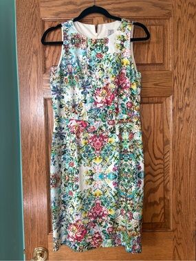 Tristan Floral Midi Sheath Dress in White, Pink, Green, Blue